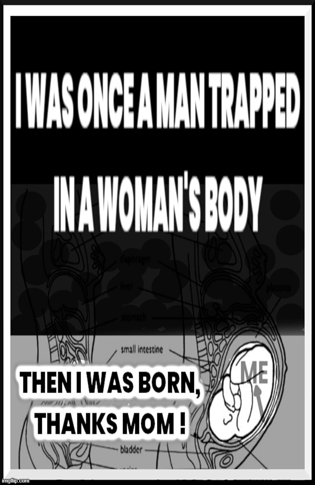 WOMAN'S BODY TRAPPED | image tagged in woman,body,trapped,born,mom,thanks | made w/ Imgflip meme maker