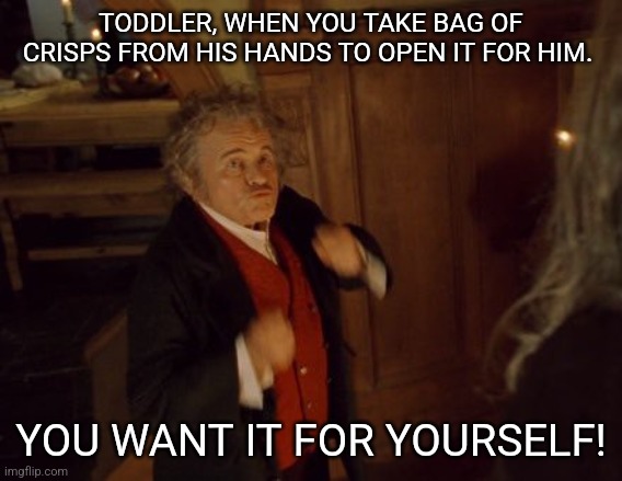 Toddler | TODDLER, WHEN YOU TAKE BAG OF CRISPS FROM HIS HANDS TO OPEN IT FOR HIM. YOU WANT IT FOR YOURSELF! | image tagged in bilbo throwing hands at gandalf,lord of the rings,memes,kids,parenting,bilbo | made w/ Imgflip meme maker