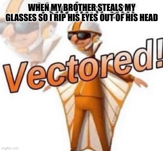 Relatable | WHEN MY BROTHER STEALS MY GLASSES SO I RIP HIS EYES OUT OF HIS HEAD | image tagged in you just got vectored | made w/ Imgflip meme maker