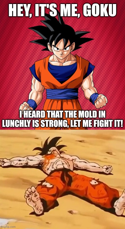 HEY, IT'S ME, GOKU; I HEARD THAT THE MOLD IN LUNCHLY IS STRONG, LET ME FIGHT IT! | image tagged in dead goku he is ded,hey it's me goku,goku,lunchly,memes | made w/ Imgflip meme maker