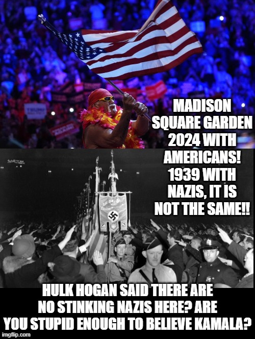 There are no stinking Nazis here!! | MADISON SQUARE GARDEN 2024 WITH AMERICANS! 1939 WITH NAZIS, IT IS NOT THE SAME!! HULK HOGAN SAID THERE ARE NO STINKING NAZIS HERE? ARE YOU STUPID ENOUGH TO BELIEVE KAMALA? | image tagged in kamala harris,freedom in murica | made w/ Imgflip meme maker