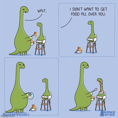 image tagged in dinosaurs,brontosaurus,baby,bib,spaghetti,messy | made w/ Imgflip meme maker