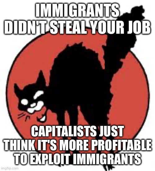 It's true | IMMIGRANTS DIDN'T STEAL YOUR JOB; CAPITALISTS JUST THINK IT'S MORE PROFITABLE TO EXPLOIT IMMIGRANTS | image tagged in angry sabo tabby,capitalism | made w/ Imgflip meme maker