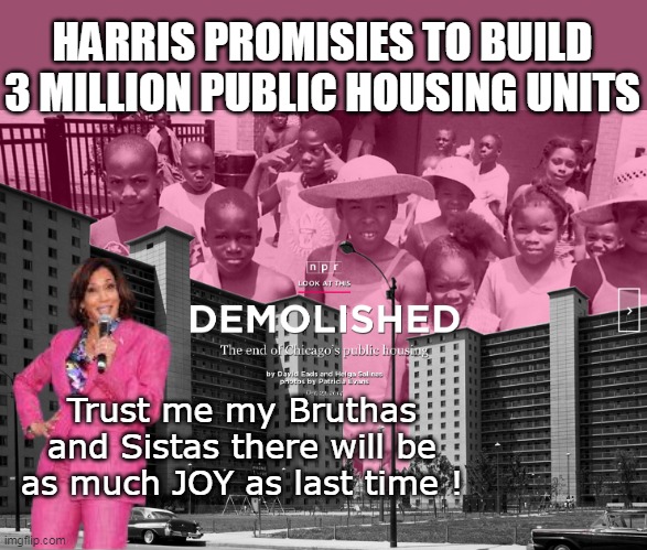 Chicago Demolishes 20,00 Hell Holes | HARRIS PROMISIES TO BUILD 3 MILLION PUBLIC HOUSING UNITS; Trust me my Bruthas and Sistas there will be as much JOY as last time ! | image tagged in harris public housing meme | made w/ Imgflip meme maker