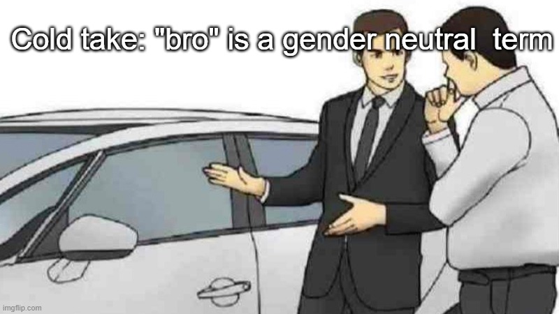 I call Tweak bro, I call Disco bro, I call Cosmo bro, I called Chrono bro, I call nearly everyone bro | Cold take: "bro" is a gender neutral  term | image tagged in memes,car salesman slaps roof of car | made w/ Imgflip meme maker