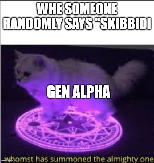 Here we go again... | WHE SOMEONE RANDOMLY SAYS "SKIBBIDI; GEN ALPHA | image tagged in whomst has summoned the almighty one | made w/ Imgflip meme maker