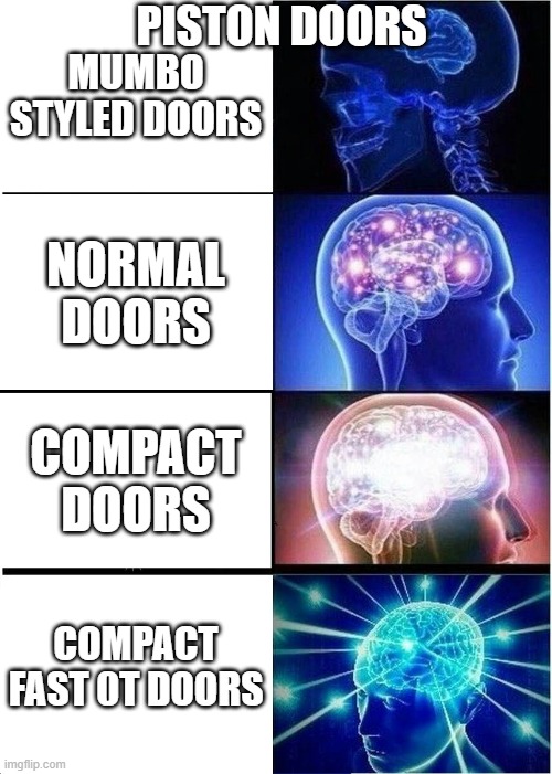 Expanding Brain | PISTON DOORS; MUMBO STYLED DOORS; NORMAL DOORS; COMPACT DOORS; COMPACT FAST 0T DOORS | image tagged in memes,expanding brain,redstone | made w/ Imgflip meme maker