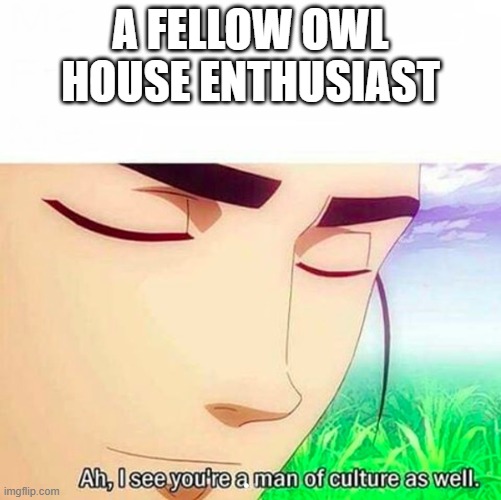 Ah,I see you are a man of culture as well | A FELLOW OWL HOUSE ENTHUSIAST | image tagged in ah i see you are a man of culture as well | made w/ Imgflip meme maker