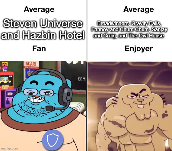 The HH and SU fanbases... | Steven Universe and Hazbin Hotel; Breadwinners, Gravity Falls, Fanboy and Chum Chum, Sanjay and Craig, and The Owl House | image tagged in average fan vs average enjoyer | made w/ Imgflip meme maker