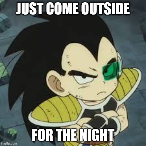 raditz tiny | JUST COME OUTSIDE; FOR THE NIGHT | image tagged in raditz tiny | made w/ Imgflip meme maker