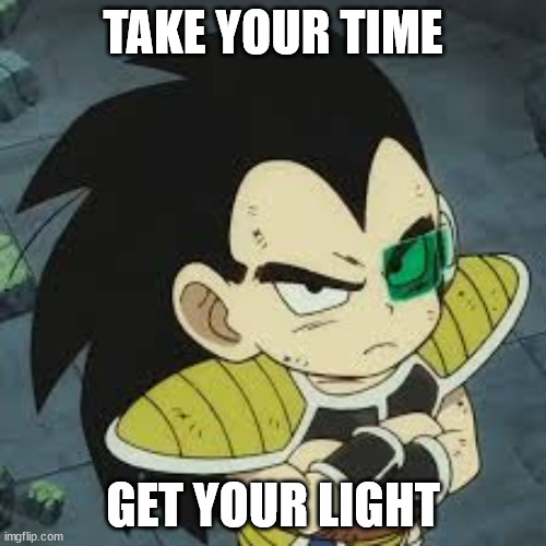 raditz tiny | TAKE YOUR TIME; GET YOUR LIGHT | image tagged in raditz tiny | made w/ Imgflip meme maker