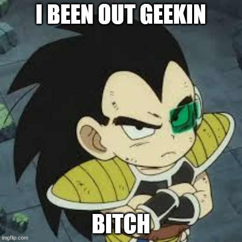 raditz tiny | I BEEN OUT GEEKIN; BITCH | image tagged in raditz tiny | made w/ Imgflip meme maker