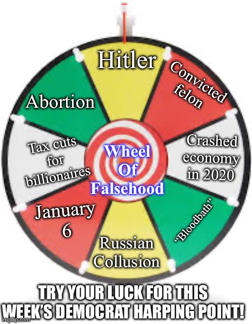 Spinning Wheel | Hitler; Abortion; Convicted felon; Crashed economy in 2020; Wheel Of Falsehood; Tax cuts for billionaires; “Bloodbath”; January 6; Russian Collusion; TRY YOUR LUCK FOR THIS WEEK’S DEMOCRAT HARPING POINT! | image tagged in spinning wheel | made w/ Imgflip meme maker