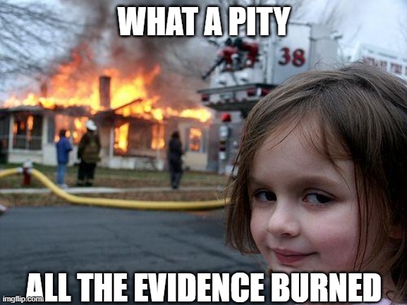 Such a shame | WHAT A PITY; ALL THE EVIDENCE BURNED | image tagged in memes,disaster girl,crime,taxes | made w/ Imgflip meme maker