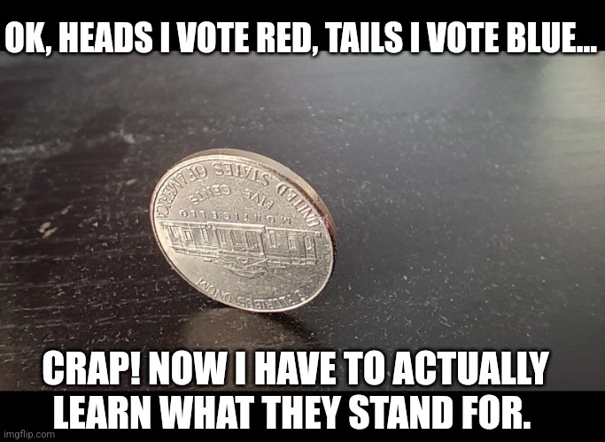 Adulting is hard | OK, HEADS I VOTE RED, TAILS I VOTE BLUE... CRAP! NOW I HAVE TO ACTUALLY LEARN WHAT THEY STAND FOR. | image tagged in adulting | made w/ Imgflip meme maker