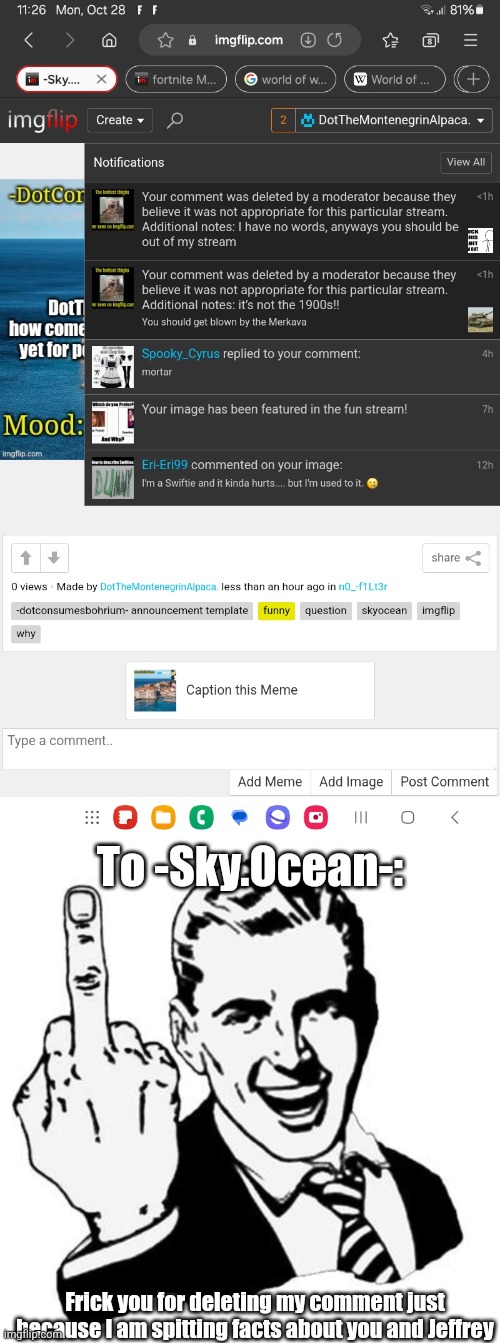 I hope you get blocked by the site mods, you Maduro-supporting underwear lover | To -Sky.Ocean-:; Frick you for deleting my comment just because I am spitting facts about you and Jeffrey | image tagged in funny,imgflip,get out,middle finger,stay mad | made w/ Imgflip meme maker