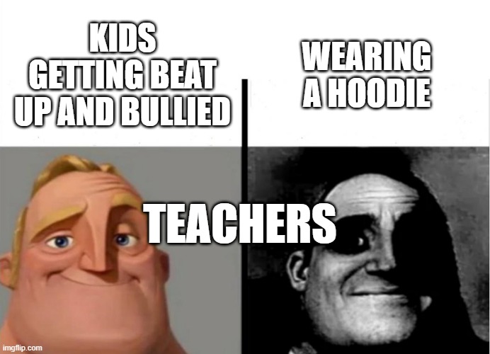 Teachers fr | WEARING A HOODIE; KIDS GETTING BEAT UP AND BULLIED; TEACHERS | image tagged in teacher's copy | made w/ Imgflip meme maker