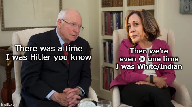 They ALL called him that NOW he's the DEM DARLING | Then we're even @ one time I was White/Indian; There was a time I was Hitler you know | image tagged in cheney harris hitler meme | made w/ Imgflip meme maker