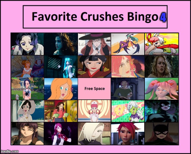 favorite crushes bingo 4 | 4 | image tagged in favorite crushes bingo,bingo,anime,comics/cartoons,video games,movies | made w/ Imgflip meme maker