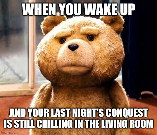 The door is wide open for you to leave babe | WHEN YOU WAKE UP; AND YOUR LAST NIGHT'S CONQUEST
IS STILL CHILLING IN THE LIVING ROOM | image tagged in memes,ted | made w/ Imgflip meme maker