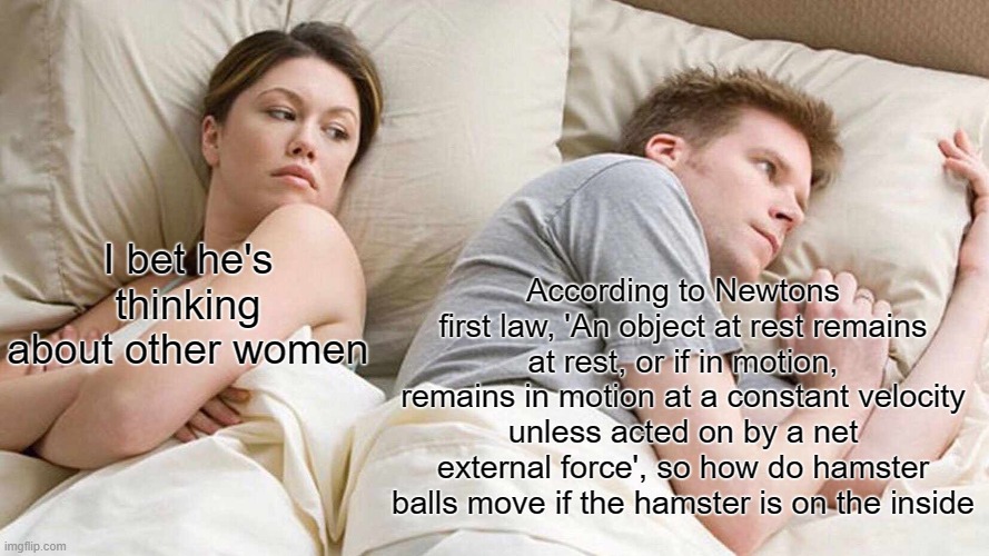 Hmmmm | I bet he's thinking about other women; According to Newtons first law, 'An object at rest remains at rest, or if in motion, remains in motion at a constant velocity unless acted on by a net external force', so how do hamster balls move if the hamster is on the inside | image tagged in memes,i bet he's thinking about other women,hmmm,ah yes,isaac newton,newton | made w/ Imgflip meme maker