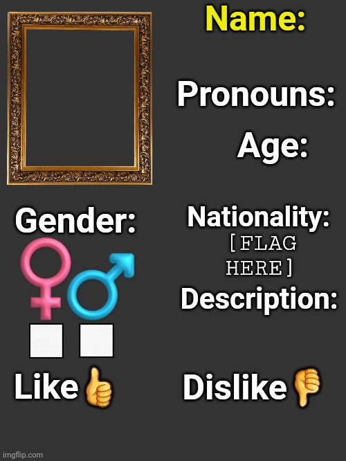 Name:; Pronouns:; Age:; Gender:; Nationality:; [FLAG HERE]; Description:; Like👍; Dislike👎 | made w/ Imgflip meme maker