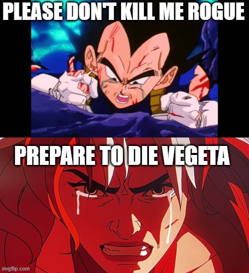 vegeta vs rogue | PLEASE DON'T KILL ME ROGUE; PREPARE TO DIE VEGETA | image tagged in i wanna vegeta,dragon ball z,x-men,marvel,anime,prepare to die | made w/ Imgflip meme maker