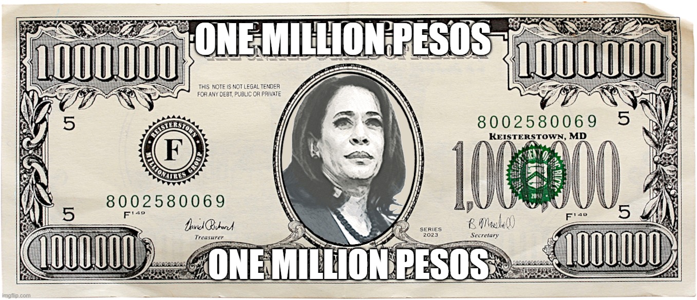 KAMALA BUCKS | ONE MILLION PESOS; ONE MILLION PESOS | image tagged in kamala harris,biden,coup,liar,disloyal,cash | made w/ Imgflip meme maker