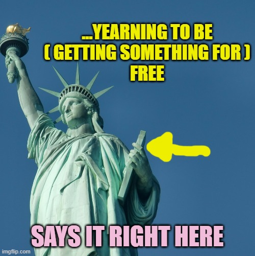 Statue of Liberty | ...YEARNING TO BE
( GETTING SOMETHING FOR )
FREE SAYS IT RIGHT HERE | image tagged in statue of liberty | made w/ Imgflip meme maker