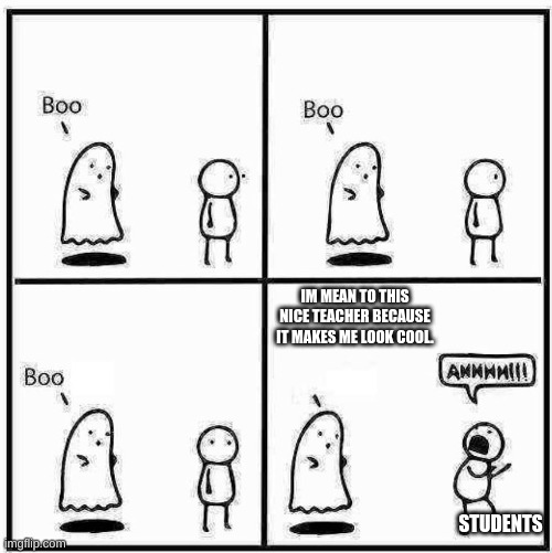 Ghost Boo | IM MEAN TO THIS NICE TEACHER BECAUSE IT MAKES ME LOOK COOL. STUDENTS | image tagged in ghost boo | made w/ Imgflip meme maker