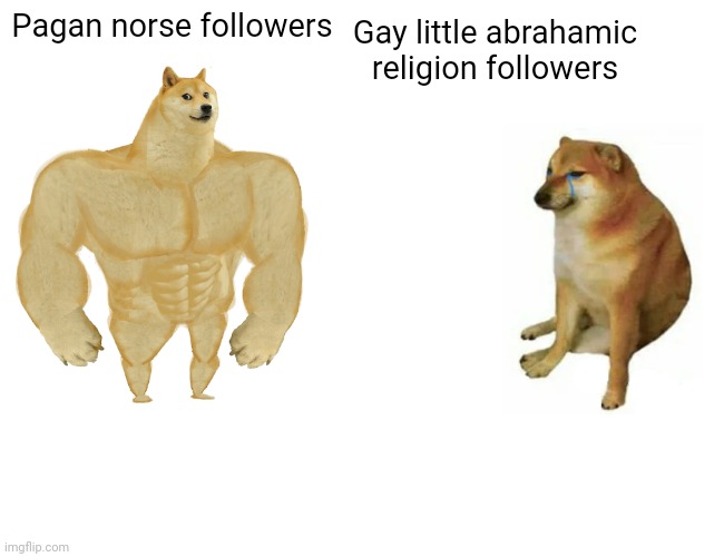 Buff Doge vs. Cheems | Gay little abrahamic religion followers; Pagan norse followers | image tagged in memes,buff doge vs cheems | made w/ Imgflip meme maker