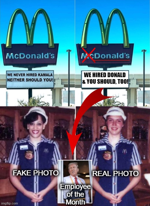 Do you want lies or fries with that? | ____________; FAKE PHOTO; REAL PHOTO; Employee
 of the 
Month | image tagged in mcdonald's sign,donald trump,kamala harris,mcdonalds,political humor,funny signs | made w/ Imgflip meme maker