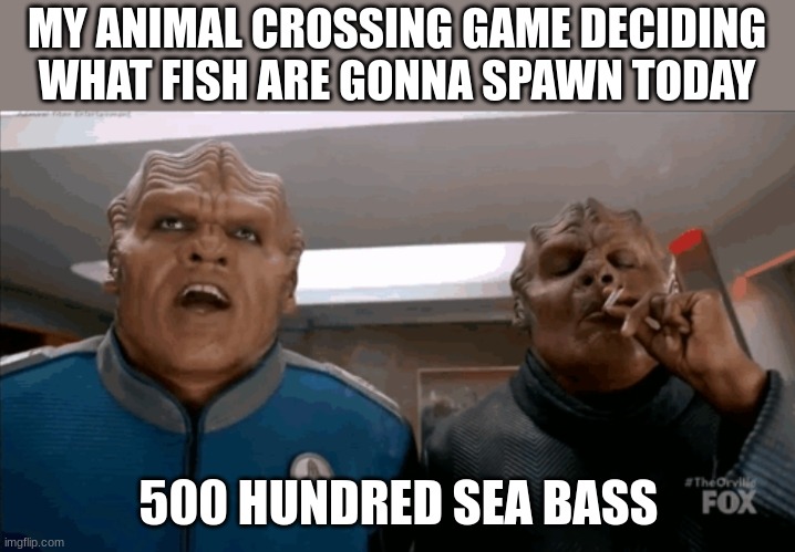 500 Cigarettes | MY ANIMAL CROSSING GAME DECIDING WHAT FISH ARE GONNA SPAWN TODAY 500 HUNDRED SEA BASS | image tagged in 500 cigarettes | made w/ Imgflip meme maker