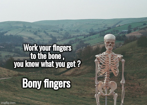 Skeleton vacation | Work your fingers to the bone , you know what you get ? Bony fingers | image tagged in skeleton vacation | made w/ Imgflip meme maker