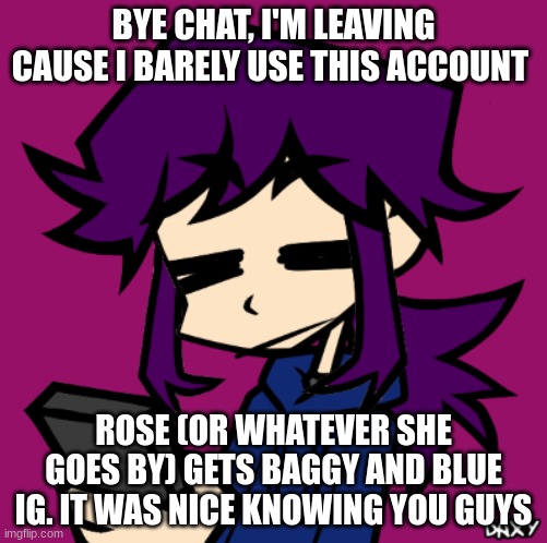 IDGAF Zaron | BYE CHAT, I'M LEAVING CAUSE I BARELY USE THIS ACCOUNT; ROSE (OR WHATEVER SHE GOES BY) GETS BAGGY AND BLUE IG. IT WAS NICE KNOWING YOU GUYS | image tagged in idgaf zaron | made w/ Imgflip meme maker