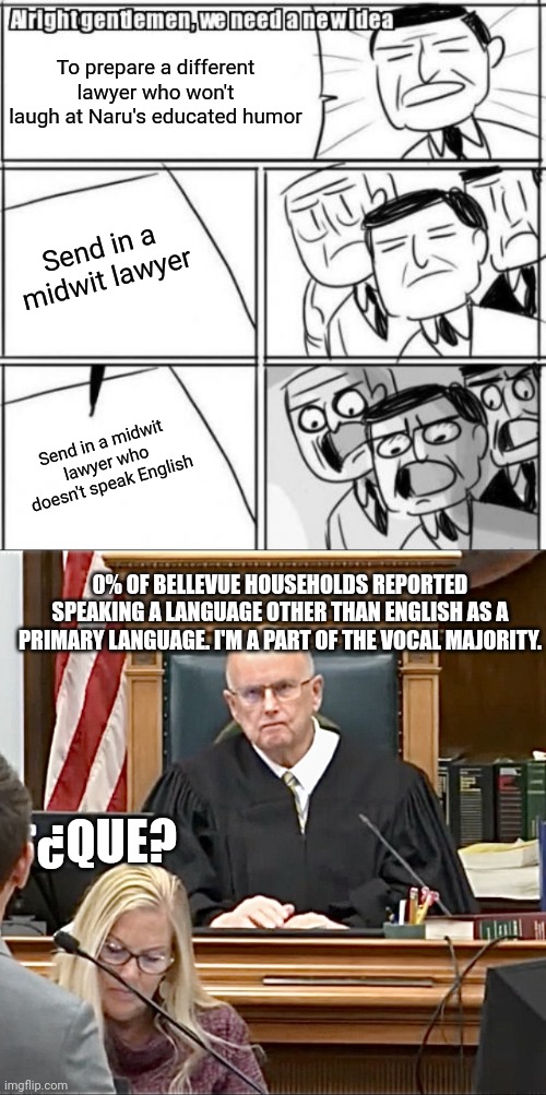 To prepare a different lawyer who won't laugh at Naru's educated humor; Send in a midwit lawyer; Send in a midwit lawyer who doesn't speak English; 0% OF BELLEVUE HOUSEHOLDS REPORTED SPEAKING A LANGUAGE OTHER THAN ENGLISH AS A PRIMARY LANGUAGE. I'M A PART OF THE VOCAL MAJORITY. ¿QUE? | image tagged in memes,alright gentlemen we need a new idea,disgruntled judge | made w/ Imgflip meme maker