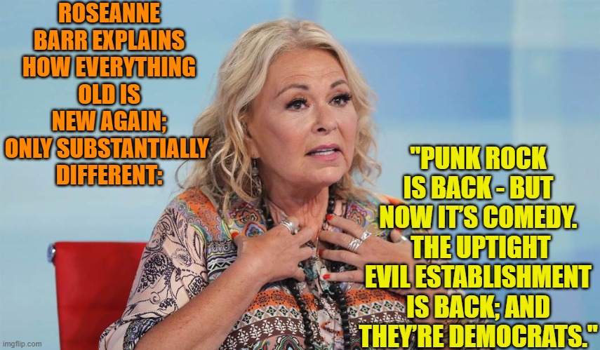 Tell it like it is Roseanne. | ROSEANNE BARR EXPLAINS HOW EVERYTHING OLD IS NEW AGAIN; ONLY SUBSTANTIALLY 
DIFFERENT:; "PUNK ROCK IS BACK - BUT NOW IT’S COMEDY.  THE UPTIGHT EVIL ESTABLISHMENT IS BACK; AND THEY’RE DEMOCRATS." | image tagged in yep | made w/ Imgflip meme maker