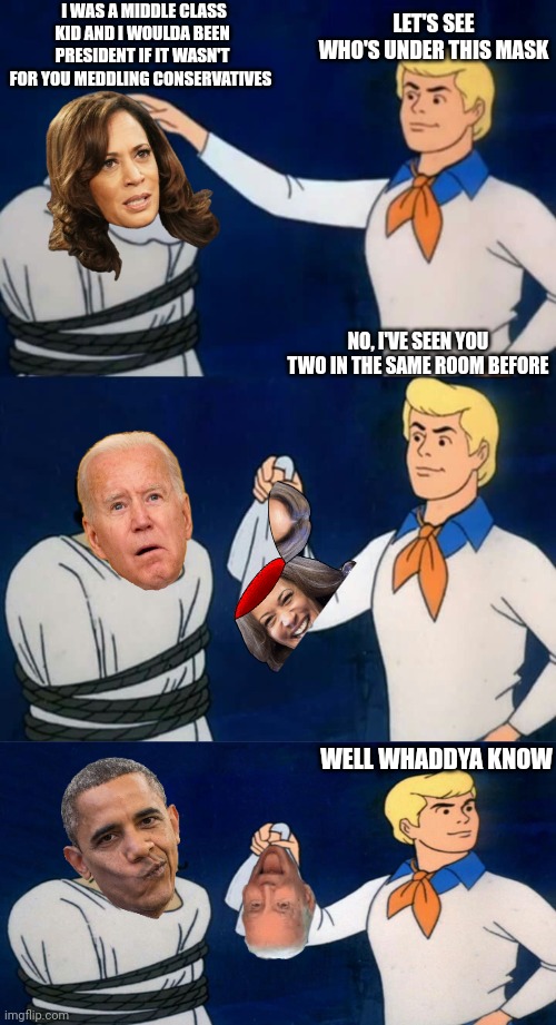 I WAS A MIDDLE CLASS KID AND I WOULDA BEEN PRESIDENT IF IT WASN'T FOR YOU MEDDLING CONSERVATIVES LET'S SEE WHO'S UNDER THIS MASK NO, I'VE SE | image tagged in scooby doo mask reveal,scooby doo unmasking | made w/ Imgflip meme maker