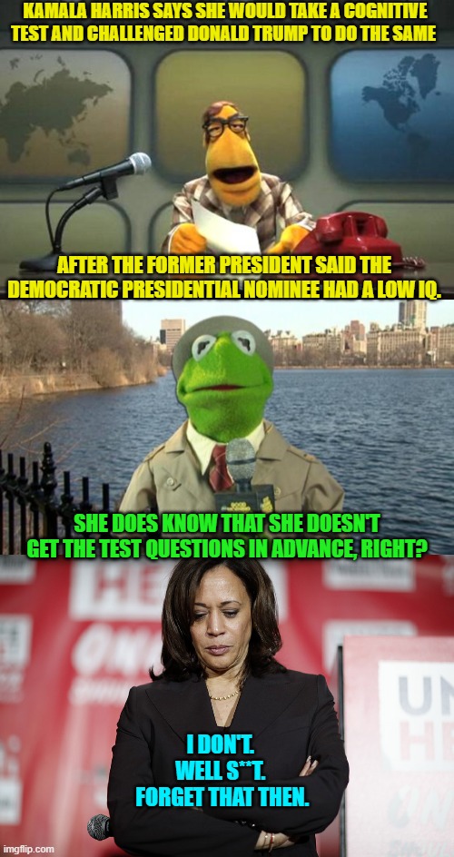 Pssst . . . Kamala; always discover the facts BEFORE you issue the challenge. | KAMALA HARRIS SAYS SHE WOULD TAKE A COGNITIVE TEST AND CHALLENGED DONALD TRUMP TO DO THE SAME; AFTER THE FORMER PRESIDENT SAID THE DEMOCRATIC PRESIDENTIAL NOMINEE HAD A LOW IQ. SHE DOES KNOW THAT SHE DOESN'T GET THE TEST QUESTIONS IN ADVANCE, RIGHT? I DON'T.  WELL S**T.  FORGET THAT THEN. | image tagged in muppet news flash | made w/ Imgflip meme maker