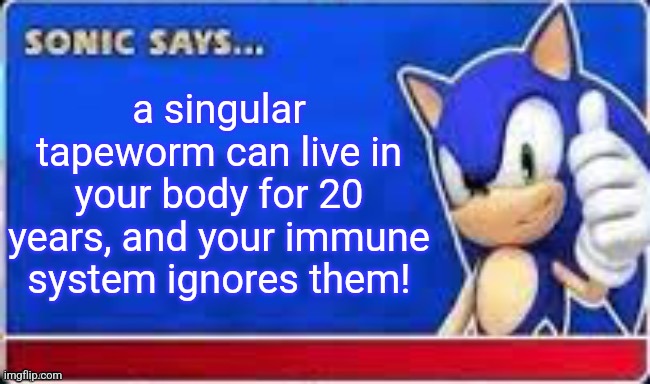 Sonic Says | a singular tapeworm can live in your body for 20 years, and your immune system ignores them! | image tagged in sonic says | made w/ Imgflip meme maker