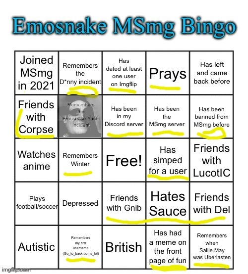 image tagged in emosnake msmg bingo | made w/ Imgflip meme maker