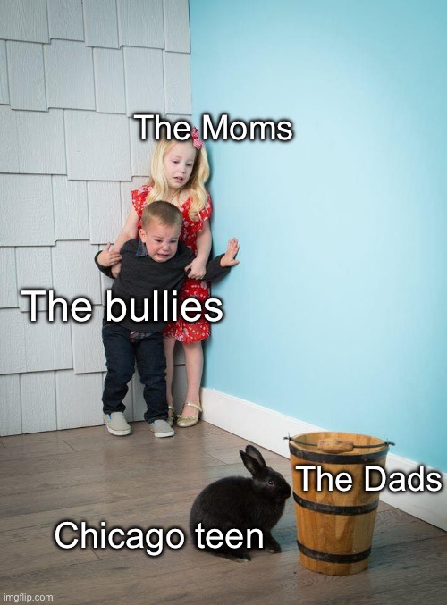 Kids Afraid of Rabbit | The bullies Chicago teen The Dads The Moms | image tagged in kids afraid of rabbit | made w/ Imgflip meme maker