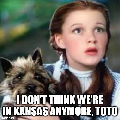 I don’t think we’re in Kansas anymore Toto | I DON’T THINK WE’RE IN KANSAS ANYMORE, TOTO | image tagged in i don t think we re in kansas anymore toto | made w/ Imgflip meme maker