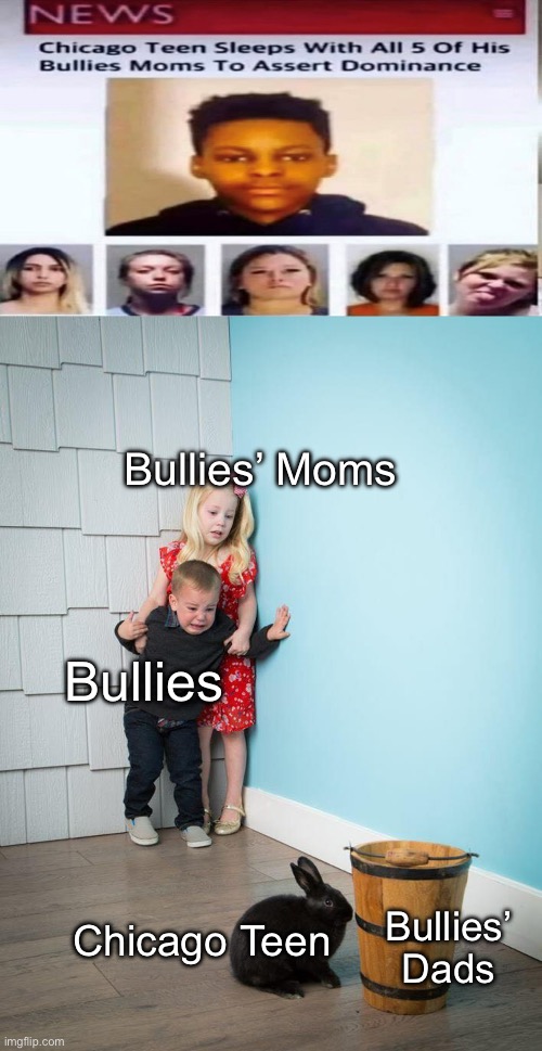 When Chicago Teen tracks down the Dads | Bullies’ Moms; Bullies; Bullies’ Dads; Chicago Teen | image tagged in kids afraid of rabbit,dads,chicago,teen,moms,domination | made w/ Imgflip meme maker