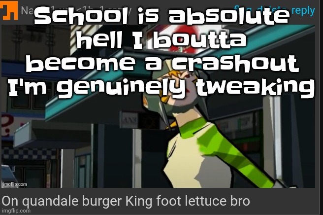 Also my skin is molting again | School is absolute hell I boutta become a crashout I'm genuinely tweaking | image tagged in on quandale burger king foot lettuce bro | made w/ Imgflip meme maker