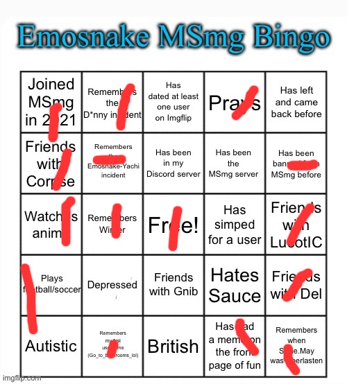 Emosnake MSmg Bingo | image tagged in emosnake msmg bingo | made w/ Imgflip meme maker