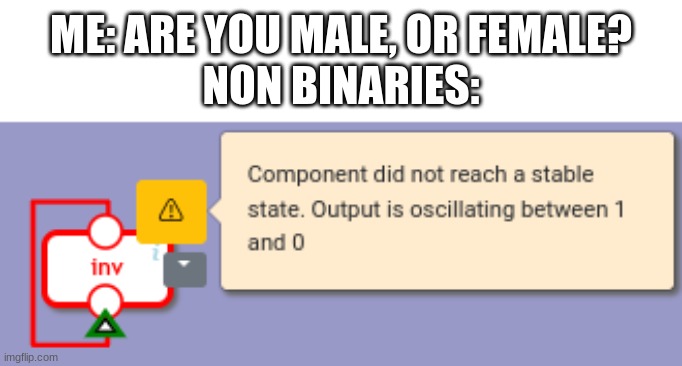 *Bad title* | ME: ARE YOU MALE, OR FEMALE?
NON BINARIES: | image tagged in error,lgbtq | made w/ Imgflip meme maker