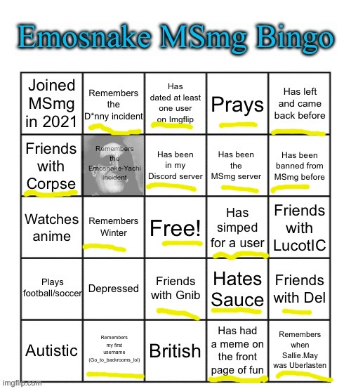 Idk who "LucotIC" is but he's definitely not my friend. | image tagged in emosnake msmg bingo | made w/ Imgflip meme maker