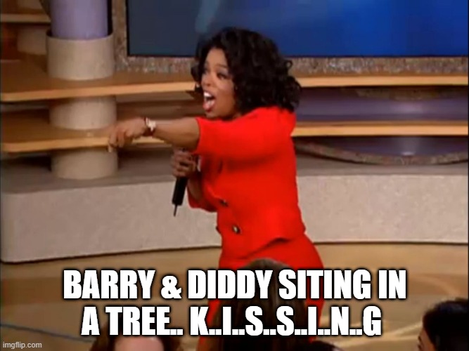 Atleast she keep her word & left the country | BARRY & DIDDY SITING IN A TREE.. K..I..S..S..I..N..G | image tagged in oprah winfrey you get a car | made w/ Imgflip meme maker