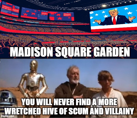 MSG Woes | MADISON SQUARE GARDEN; YOU WILL NEVER FIND A MORE WRETCHED HIVE OF SCUM AND VILLAINY | image tagged in star wars mos eisley | made w/ Imgflip meme maker